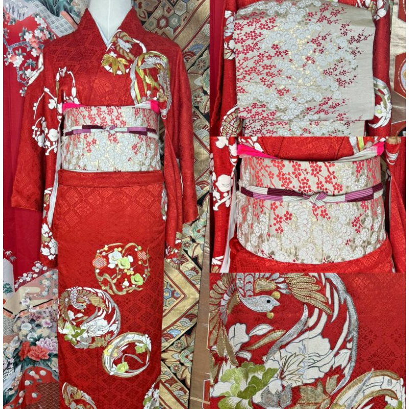 พร้อมส่ง Set kimono กิโมโน สีแดง มือสองของแท้จากญี่ปุ่น