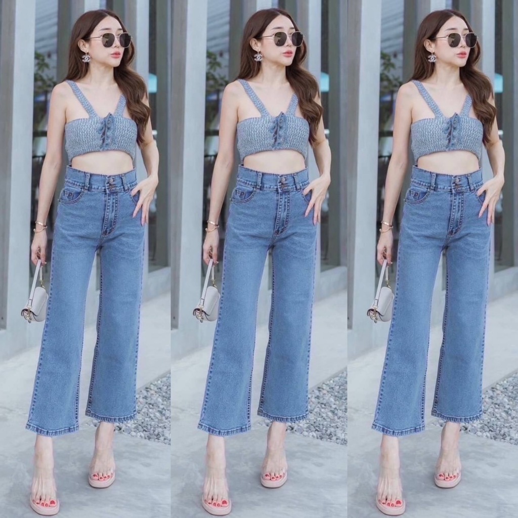 2NaraJeans รุ่นเก็บหน้าท้อง กระบอกขาเต่อเอวสูง 2 กระดุม ผ้ายืด สีอ่อน