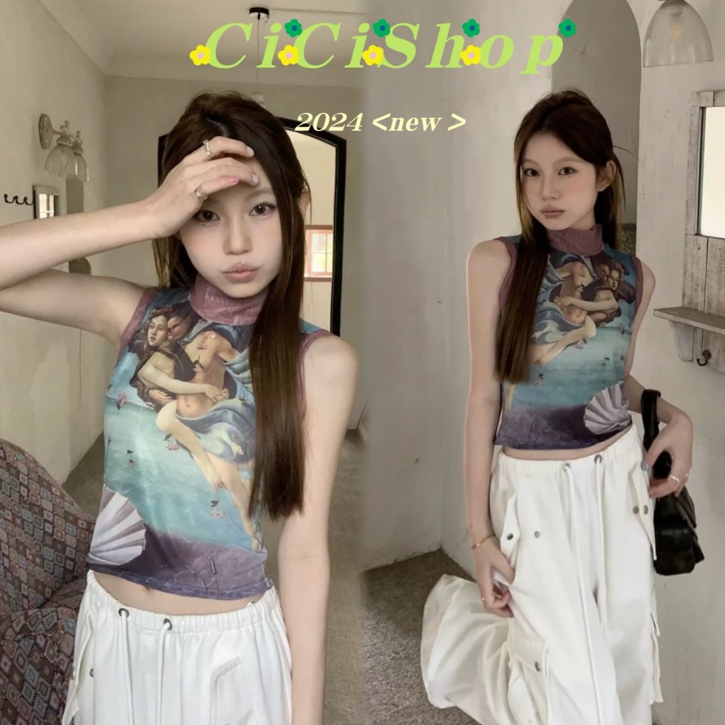 Cicishop(J986)เสื้อแขนกุดผ้าซีทรู คอปีน ลายเก๋ สไลต์ฝรั่งเศษ ยั่วมาก