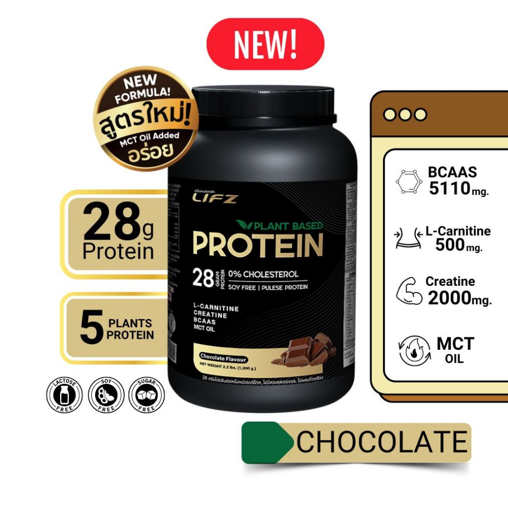 LIFZ SPORT PROTEIN โปรตีนจากพืช 5 ชนิด รสช็อกโกแลต โปรตีนสูง 28 กรัม เพิ่ม MCT OILจากสูตรเดิม สร้างกล้ามเนื้อ ขนาด 1000g