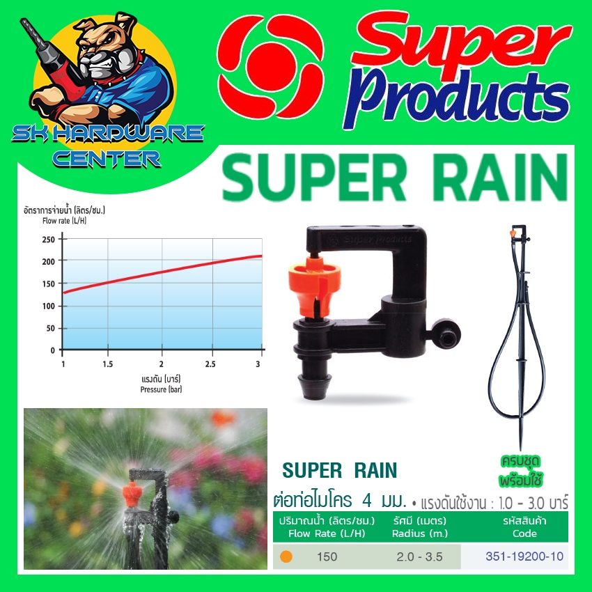 มินิสปริงเกอร์ 360องศา 150ลิตร/ชั่วโมง รัศมี 2 - 3.5เมตร ยี่ห้อ SUPER PRODUCTS รุ่น SUPER RAIN