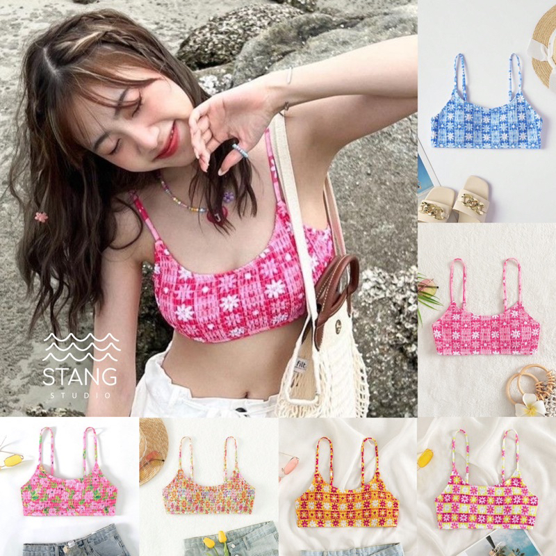 ซื้อ ชุดว่ายน้ำ Top bra บราบน ผ้ายับ สายปรับระดับได้มีฟองน้ำ ซับใน แบบสวม