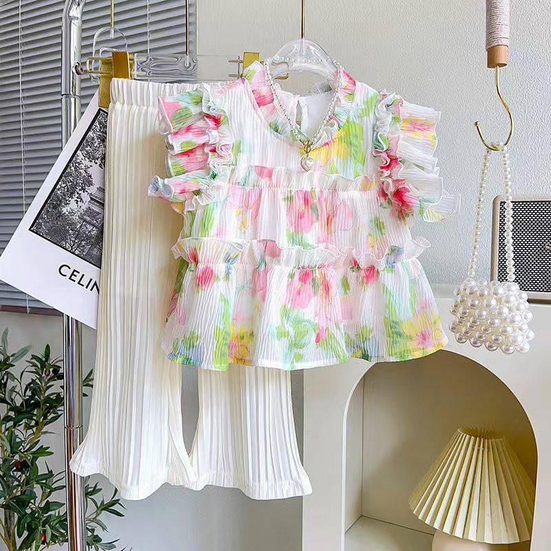 [Y D]317 พร้อมส่ง ชุดเซ็ตลายดอกไม้ เสื้อ+กางเกงขายาว สำหรับเด็กผู้หญิง