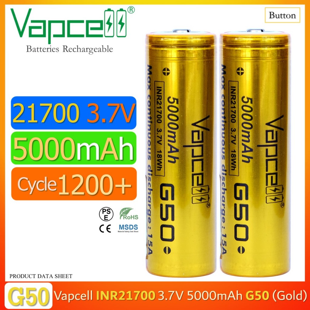 [หัวนูน] 21700 ถ่านชาร์จ Vapcell INR21700 3.7V 5000mAh จ่ายกระแส 15A (Gold)