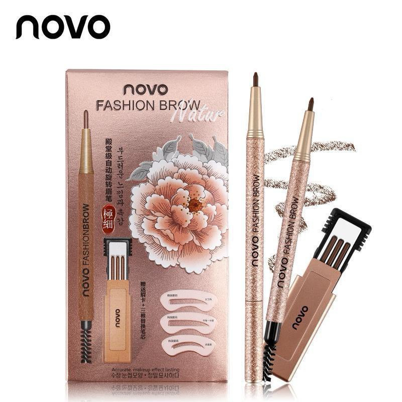 ส่งฟรี/ส่งไว Novo Eyebrow คิ้วโนโว ดินสอเขียนคิ้ว แบบหมุนออโต้ แถมฟรีไส้ดินสอ3อัน + บล็อคคิ้ว3ทรง คิ้วกันน้ำ ติดทนนาน