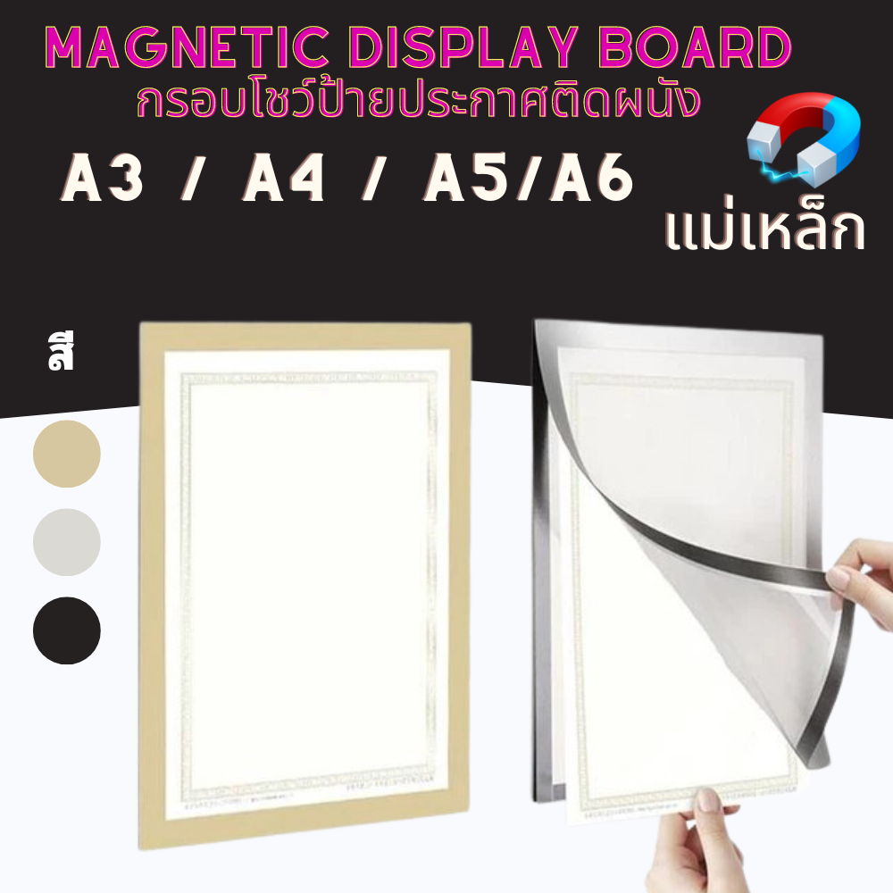 กรอบป้ายติดผนัง แบบ แม่เหล็กไม่ต้องเจาะผนัง กรอบรูป ขนาด A3 A4 A5 A6  สำหรับใส่ เอกสาร ทำกรอบโชว์ ป้