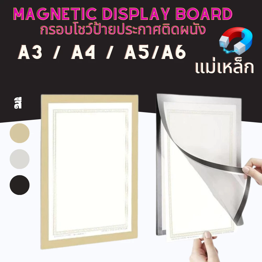 กรอบป้ายติดผนัง แบบ แม่เหล็กไม่ต้องเจาะผนัง กรอบรูป ขนาด A3 A4 A5 A6 สำหรับใส่ เอกสาร ทำกรอบโชว์ ป้ายประกาศติดผนัง