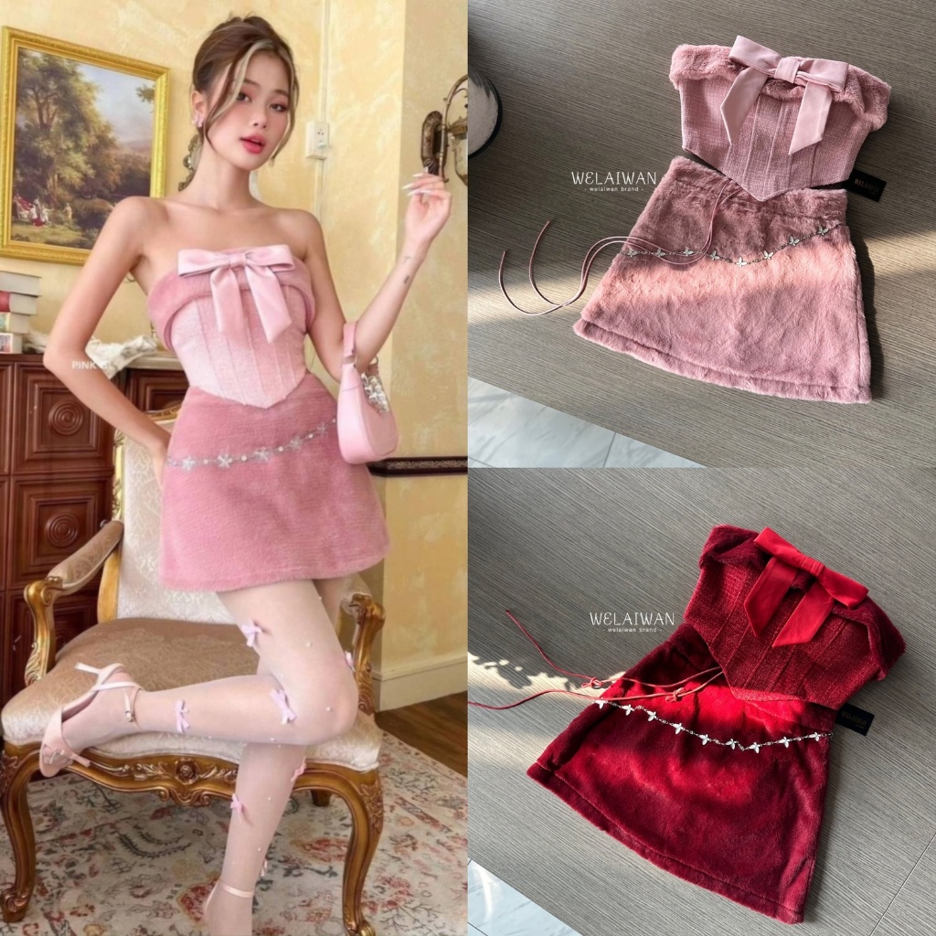 พร้อมส่ง WELAIWAN15 ชุดเวียดนาม Set 2 ชิ้น เกาะอกแต่งโบว์ กับกระโปรงผ้ากำมะหยี่ สวยหวานมาก