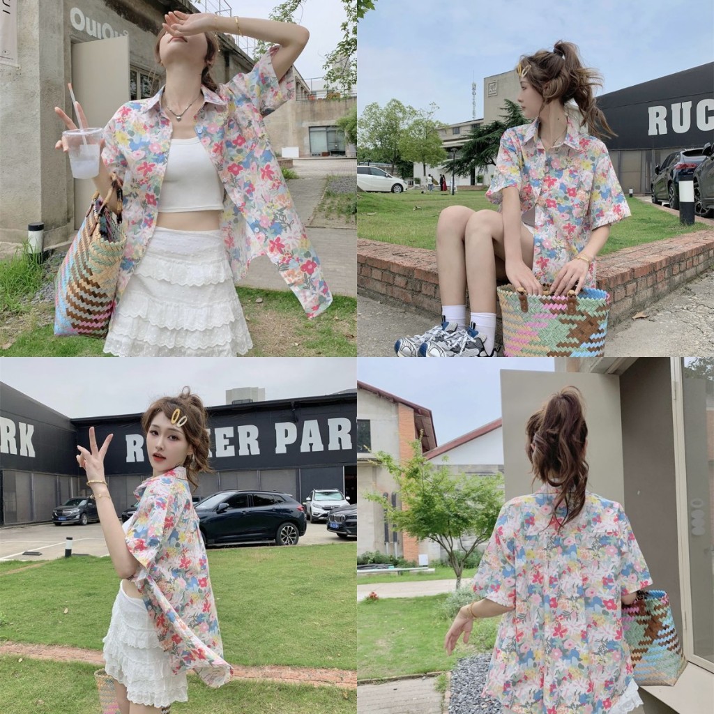เสื้อเชิ้ตผู้หญิง เสื้อเชิ้ตทรงหลวม ลายดอก เเขนสั้น ผ้าไม่หนา #602145
