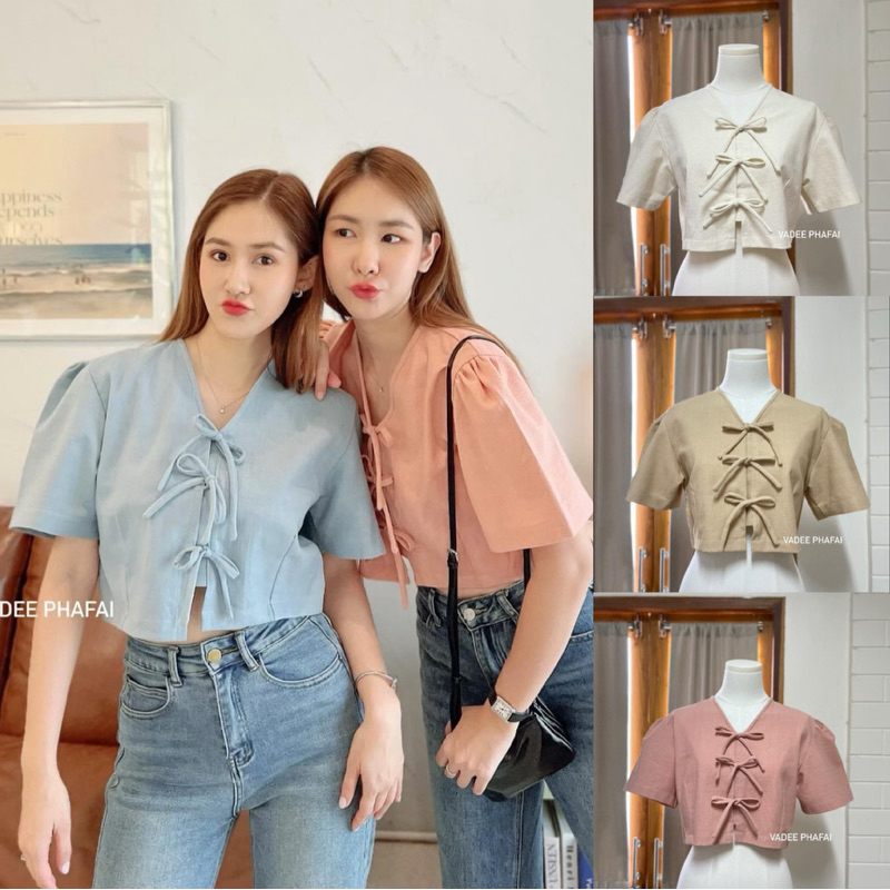 เสื้อคอรปคอวีสีพื้น ผูกโบว์มินิมอล