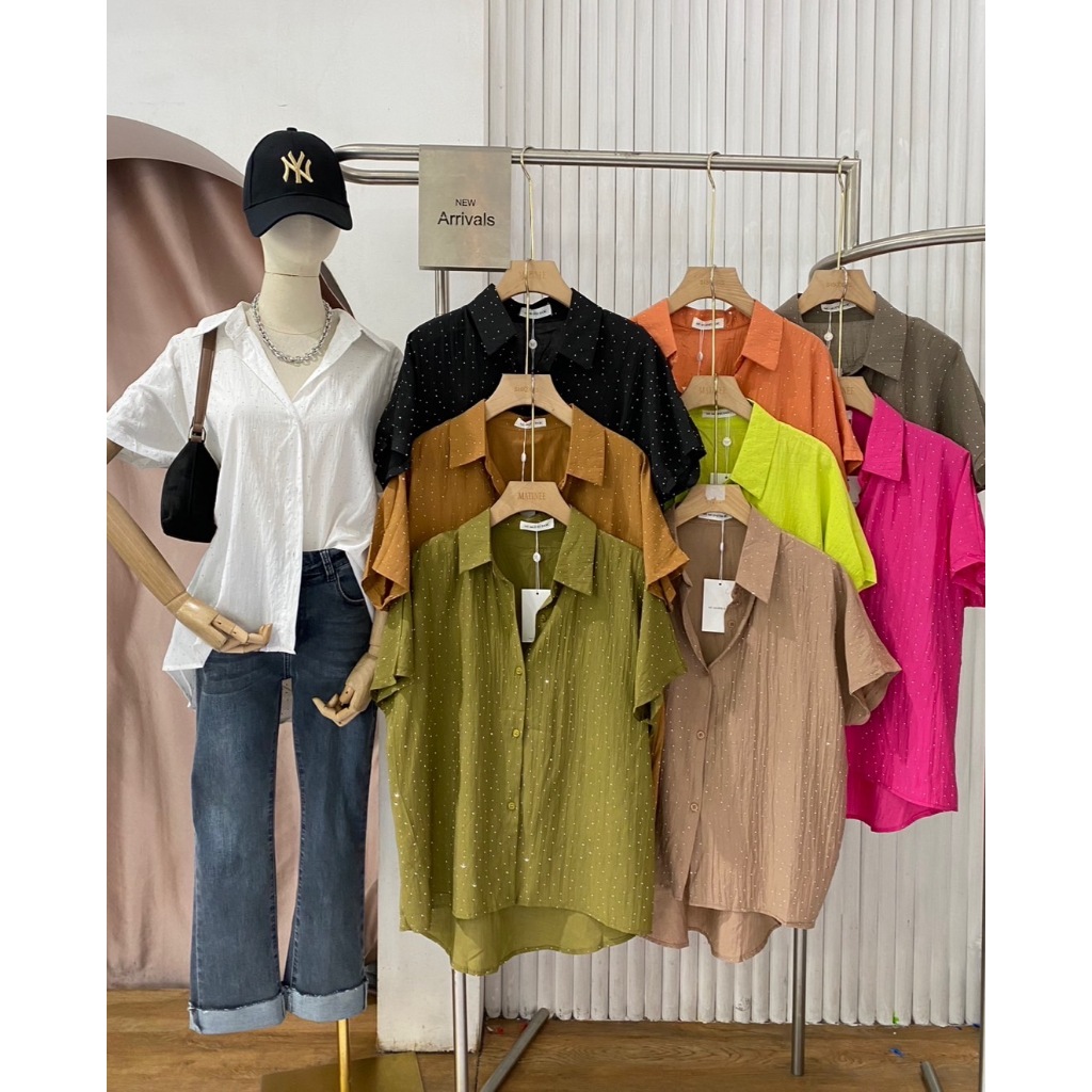 M1218 เสื้อเชิ้ตรีดเพชรทั้งตัวรุ่นใหม่ล่าสุด 9 สีพร้อมส่ง เนื้อผ้าดี สี