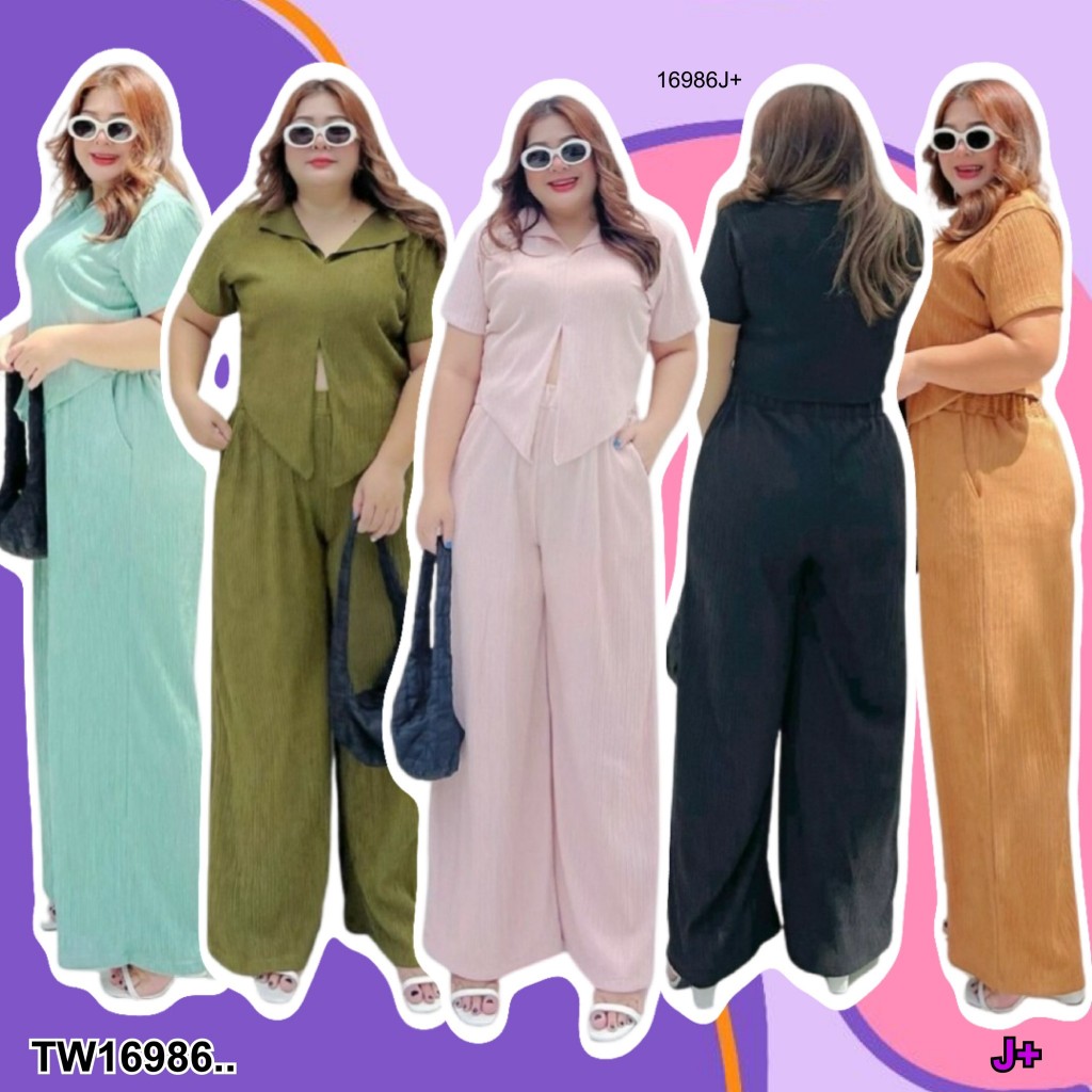 TwinsShopVip พร้อมส่ง TW16986 Set #Bigsize 2 ชิ้น เสื้อผ่าหน้า + กางเกงขายาว ..