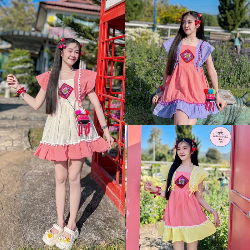 มินิเดรสแต่งปอมน่ารักๆ ทรวโมเดิลผูกข้างฝ้ายฝอกนุ่มใส่สบาย/สีไม่ตก/พร้อมส่งคะ