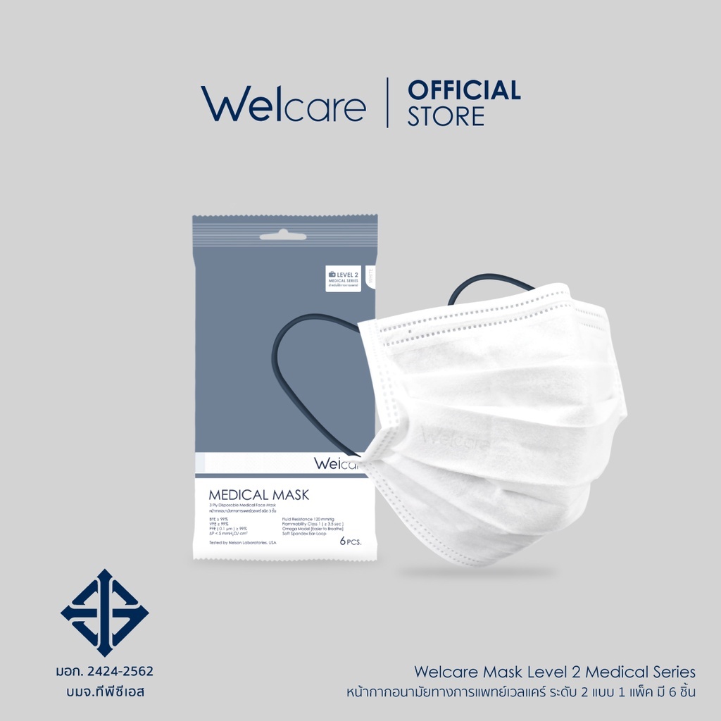(แจกโค้ด20%กรอก INC217EN) Welcare Medical Mask Level 2 เวลแคร์ หน้ากากอนามัย ทางการแพทย์ ซอง 6 ชิ้น สีขาว welcare