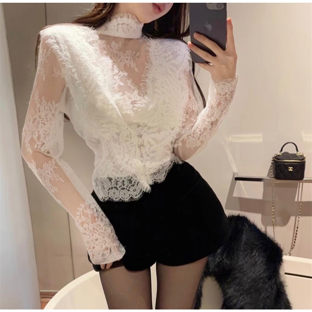 พร้อมส่ง เสื้อลูกไม้ฉลุทั้งตัวเเขนยาวซิปหลัง เสื้อลูกไม้นุ่มไม่คัน