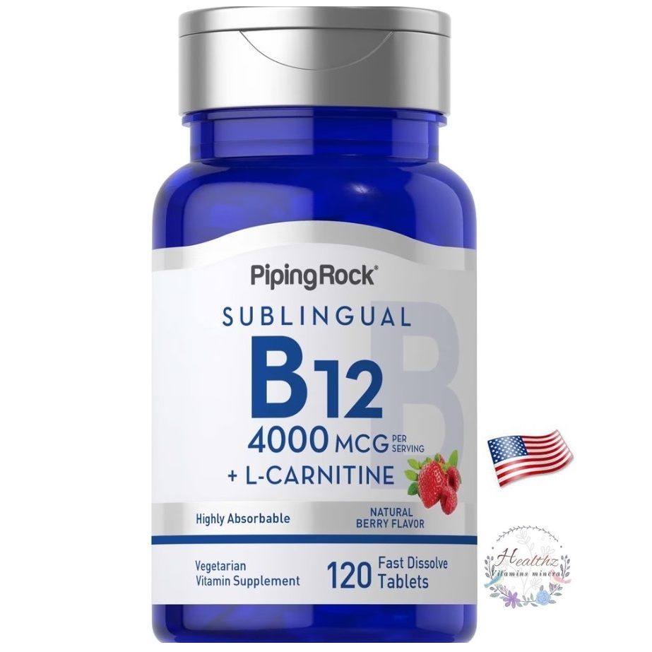 VITAMIN B12 4000 mcg + L-Carnitine วิตามิน บี12 แอล-คาร์นิทีน 120 เม็ด Vegetarian Pipingrock บำรุงประสาท สมอง