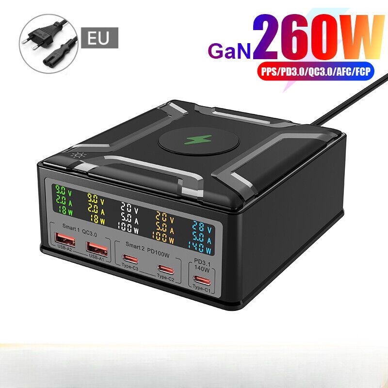 260W 5 Port USB C PD3.1 Fast Charging Station Wireless Charger For iPhone Android Laptop Macbook