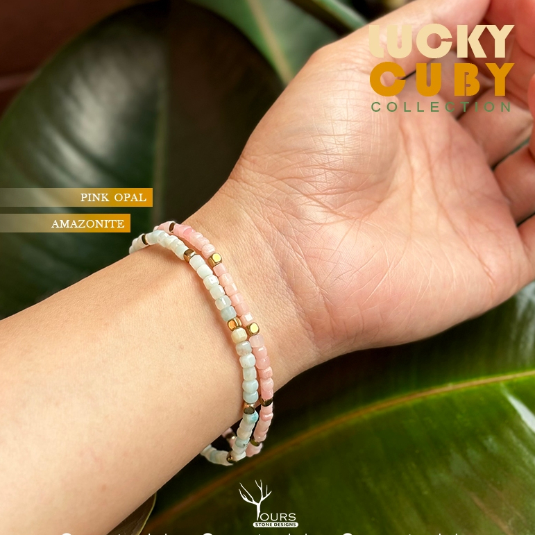 สร้อยข้อมือหิน " โอปอลสีชมพู " อมาโซไนต์ " แท้ 100% ทรงลูกบาศก์  ขนาด 3mm กำไลหินนำโชค หินมงคล Pink Opal , Amazonite