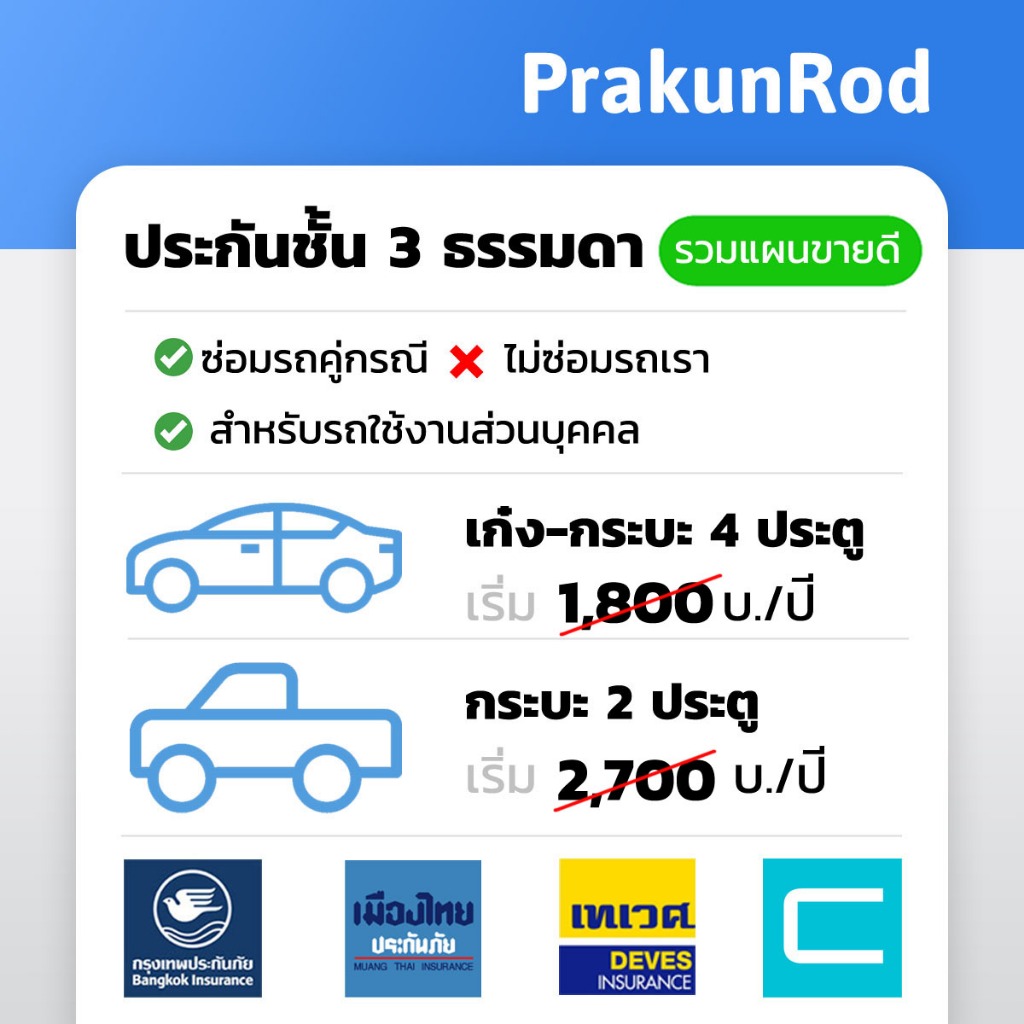 ประกันรถยนต์ชั้น 3 รถเก๋ง รถกระบะ เลือกบริษัทได้ กรุงเทพ เมืองไทย เทเวศ ชับบ์ จัดส่งฟรี