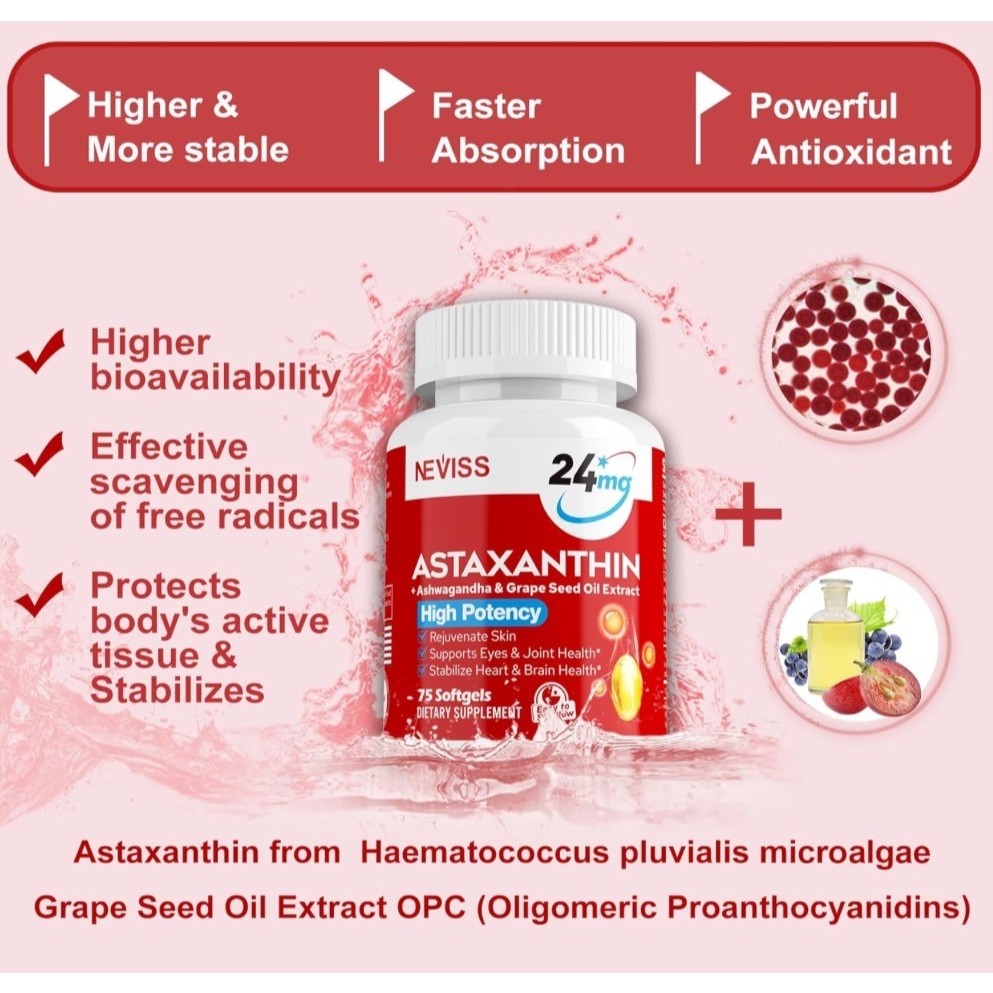 Neviss  Astaxanthin 24mg 75 softgels บำรุงผิว ดวงตา ข้อต่อ ภูมิคุ้มกัน