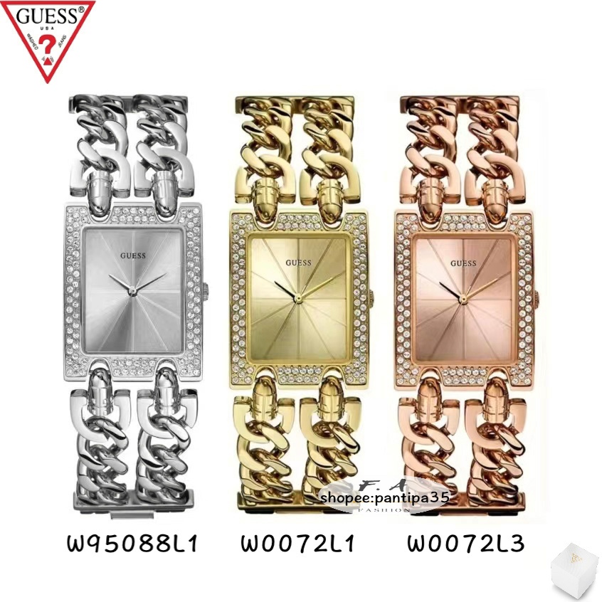 F.A ของแท้100%Guess เพชรนาฬิกาข้อมือผู้หญิงสายโซ่ย้อนยุคแฟชั่นเหลี่ยมเรียบง่าย W95088L1 W0072L1 W007