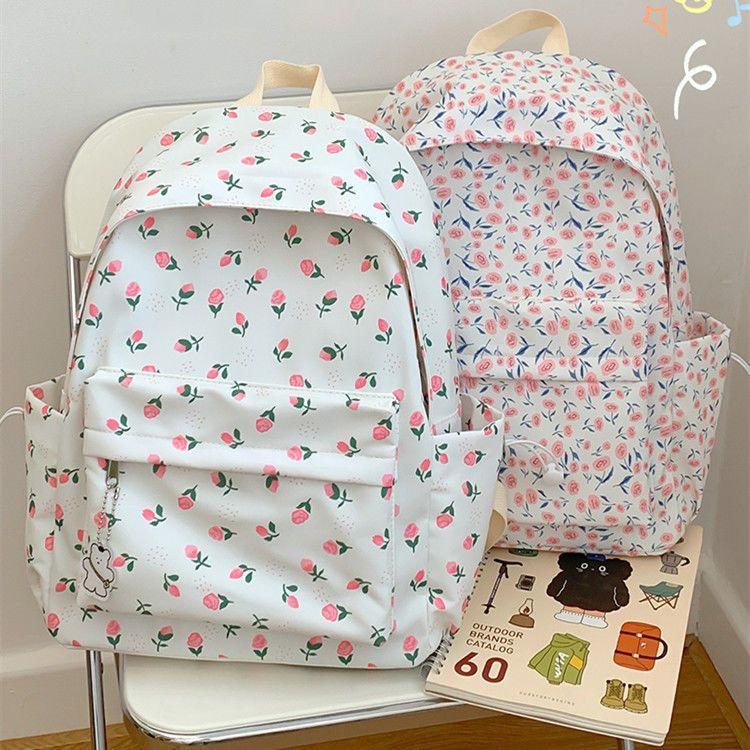 [พร้อมส่ง] กระเป๋าเป้สะพายหลัง กระเป๋านักเรียน พิมพ์ลายดอกไม้ สไตล์เกาหลี ญี่ปุ่น สําหรับผู้หญิง