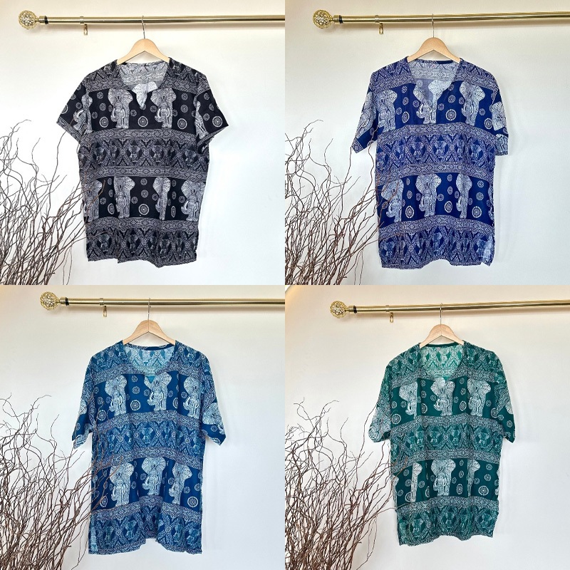 เสื้อลายช้าง-คอจังโก้ เนื้อพริ้ว เย็นสบาย ใส่ได้ทั้งชายและหญิง อก 48/52 แขนสั้น