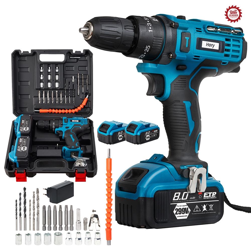 HORY สว่านไร้สาย 299V รุ่นใหม่ล่าสุด สว่านกระแทก 3 ระบบ มีระบบกระแทก แบตเตอรี่ 2 ก้อน สว่าน รวม 32ชิ้น รุ่น H-09 สีฟ้า