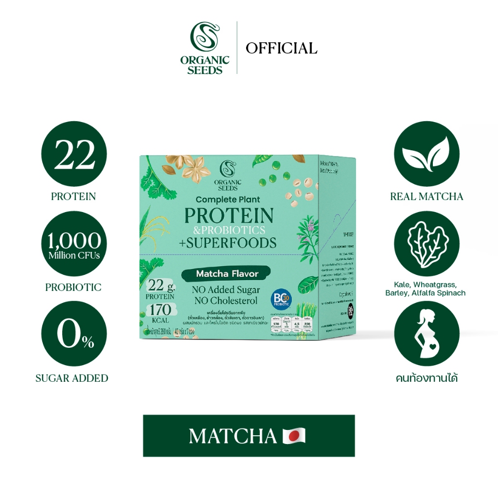 โปรตีนพืช รสชาเขียวมัทชะ 1 กล่อง (7 ซอง) Complete Plant Protein & Probiotics + Superfoods