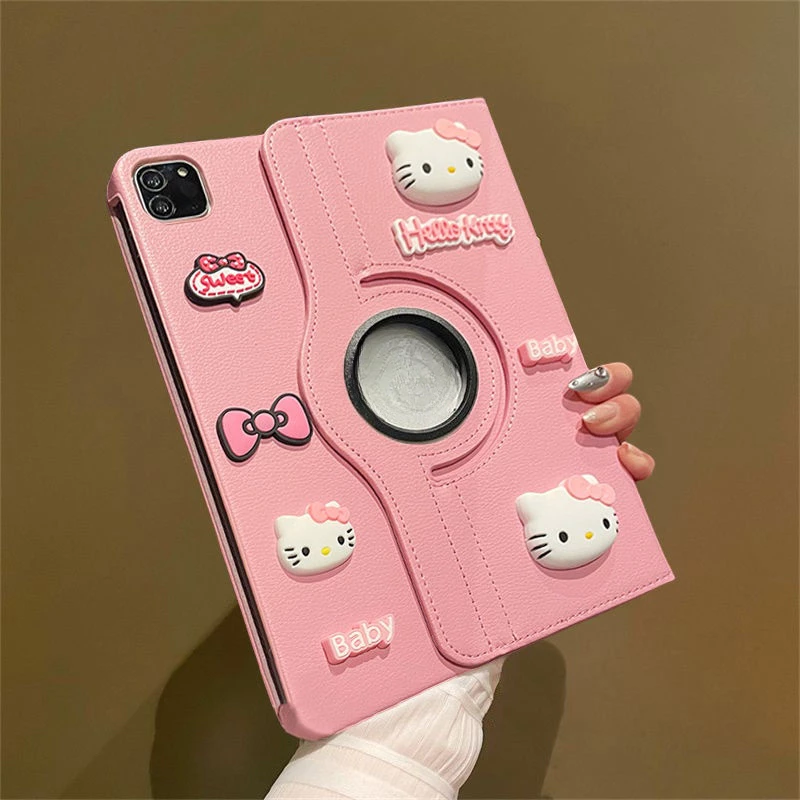 🌻24 ชั่วโมง🌻เคสป้องกัน iPad หมุนได้360°hello kitty-pink เหมาะสำหรับรุ่น gen8/9 Air8/7 11 gen12 gen11