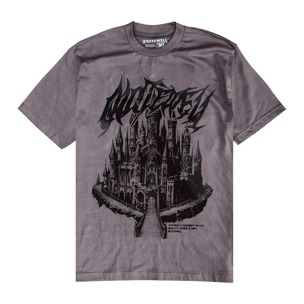 QUITEWELL เสื้อยืดแขนสั้น 236-1 CASTLE EARTH เสื้อผู้ชาย Oversize สกรีนลาย สีเทาดิน วินเทจ