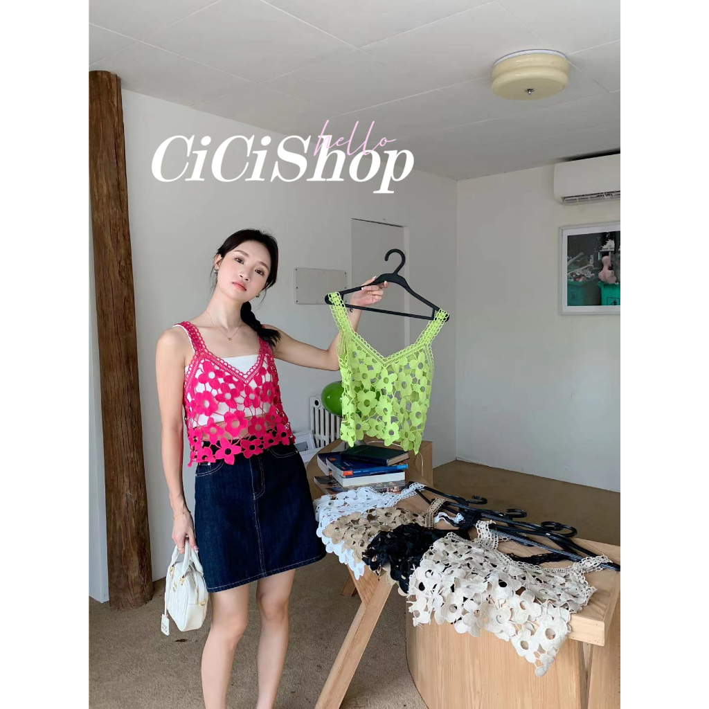 Cicishop(SALE   S23170)เสื้อสายเดี่ยวผ้าถักลายดอกไม้ คอวีโปร่งใส สีสันคัลเลอร์ฟลู