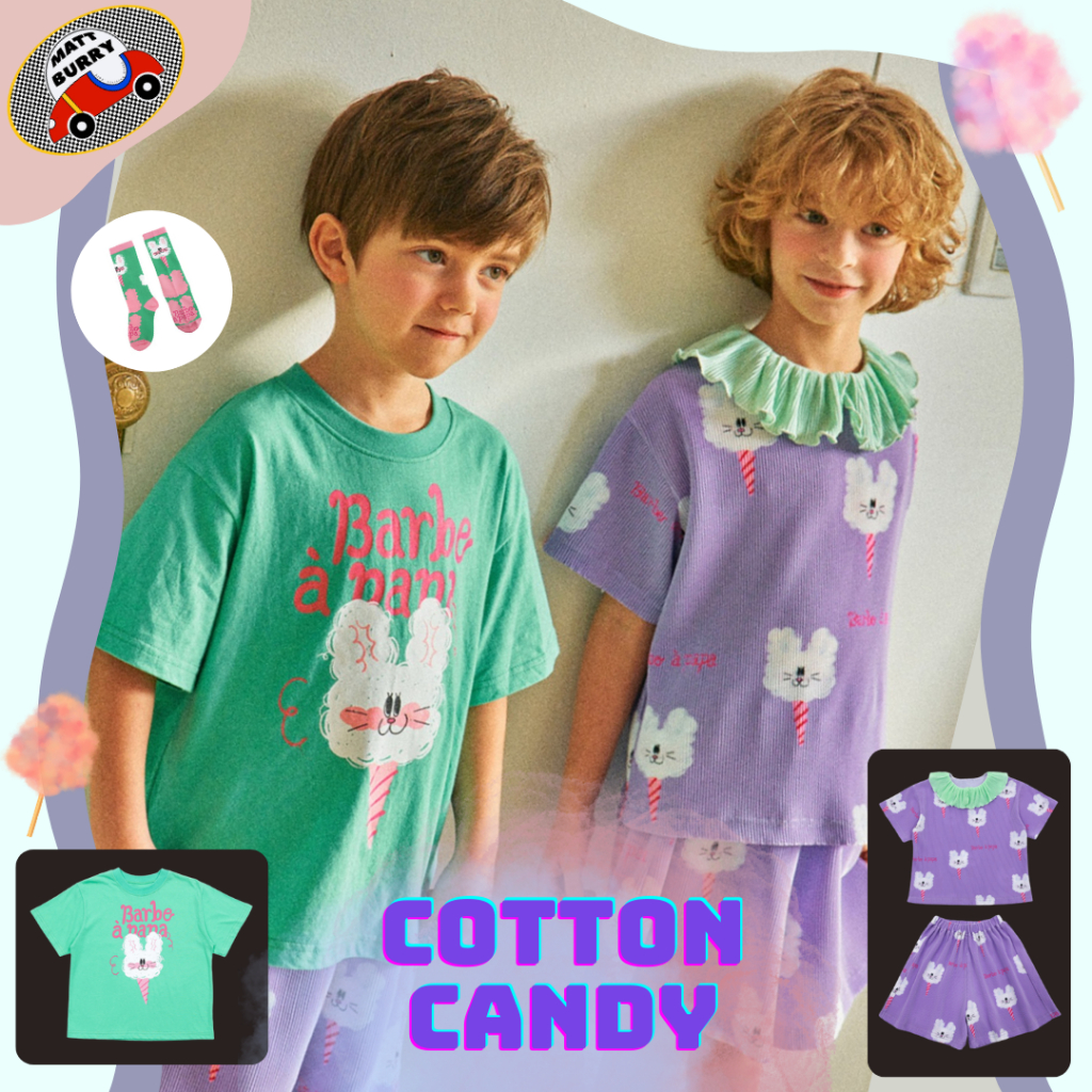 BeBe (mattburry ของแท้ พร้อมส่ง นำเข้าเกาหลี) RabbitCottonCandy Set เซ็ตเสื้อกางเกงถุงเท้า ลายสายไหมสีม่วงเขียวมิ้น