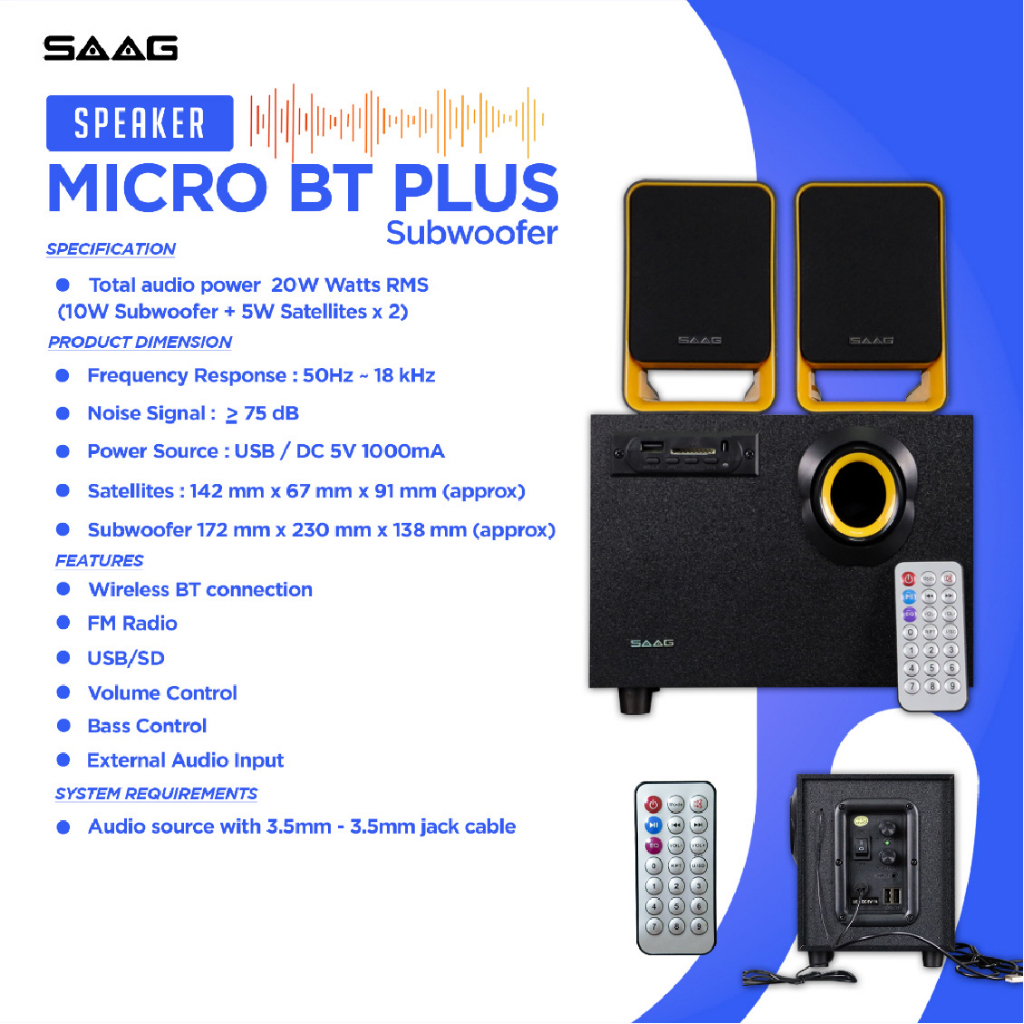SPEAKER (ลำโพง มีวิทยุในตัว) SAAG MICRO BT PLUS (EM-3129) 2.1 USB BLACK -รับประกัน 1 ปี