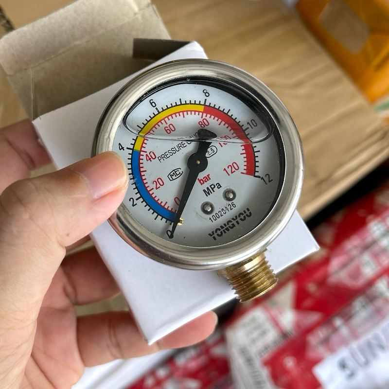 เกจวัดแรงดันสูง pressure gauge 0-120Bar ปั๊มแรงดันสูง high pressure เกลียวนอก 1/4 (12.7mm) Oil ปั๊มพ่นยาสามสูบ