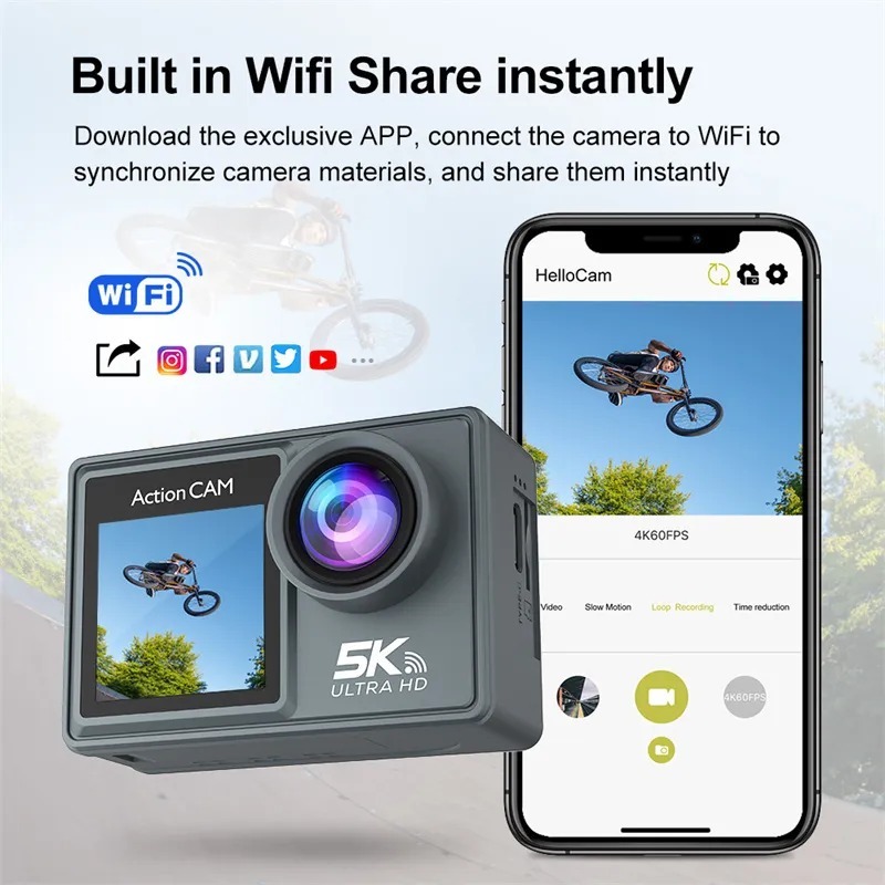 กล้องกันน้ำจอสัมผัส  ไมค์ไร้สาย เมนูไทย 5K AUSEK AT-M40R และ AT-M40RW Action Camera เซ็นเซอร์ SONY
