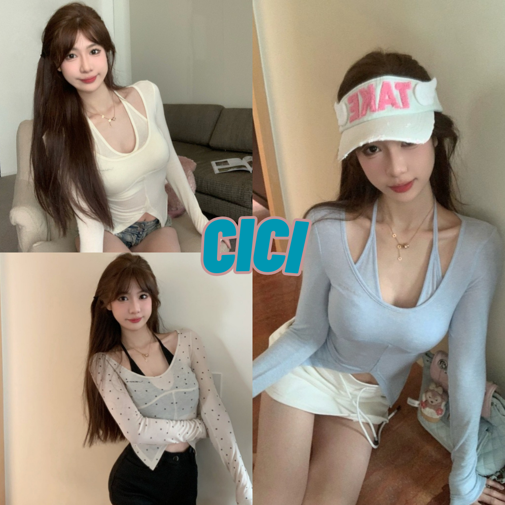 Cici(NO.207)SET 2 ชิ้นเสื้อ ไหมพรมคล้องคอพร้อมกับเสื้อคลุมแขนยาวผ้าบางบาง detail แต่งชายเว้า สไตล์สาวแซ่บปนหวาน