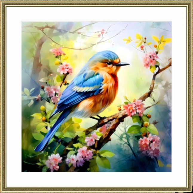 *พร้อมส่ง*ชุดปักครอสติช ลายนกน้อยเกาะกิ่งซากุระ (ปักเต็มผืนผ้า ไม่มีเดินเส้นผ้า11CTพิมพ์ลาย ปัก 3 เส้นเล็ก)ขนาด 60*60 ซม