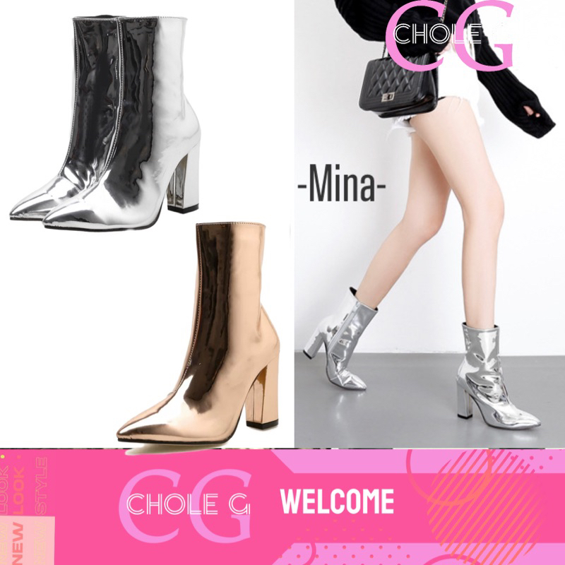 Chole G: Mina Silver/Black Widow Boots Size 36-44 รองเท้าบูทส้นสูงสีเงินเงา ดำเงา(SH0031)