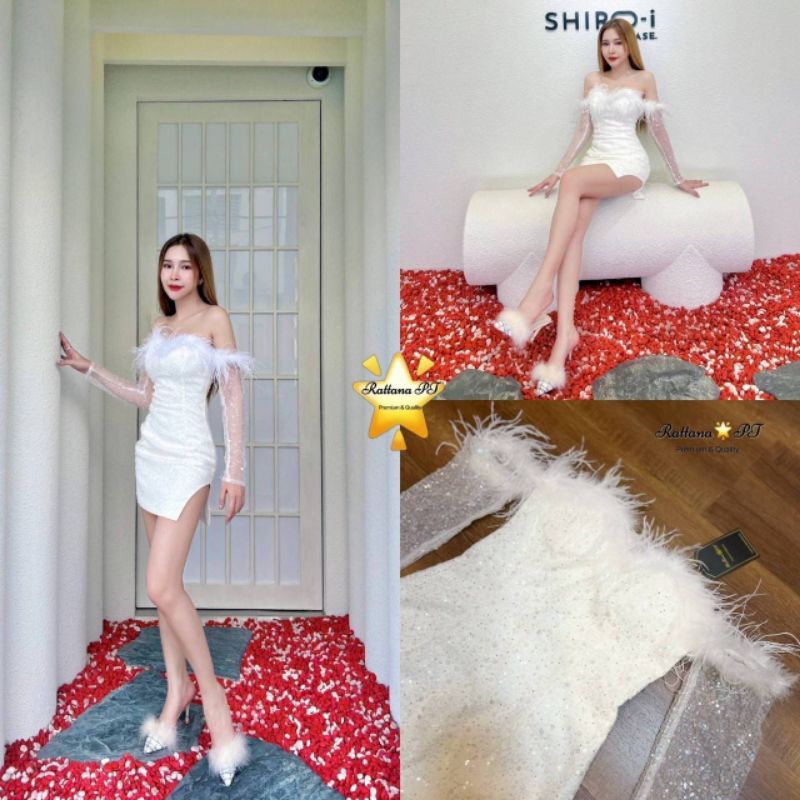Rattana ชุดเดรสขนนกเปิดไหล่ สวยแซ่บ sexy ดูแพง