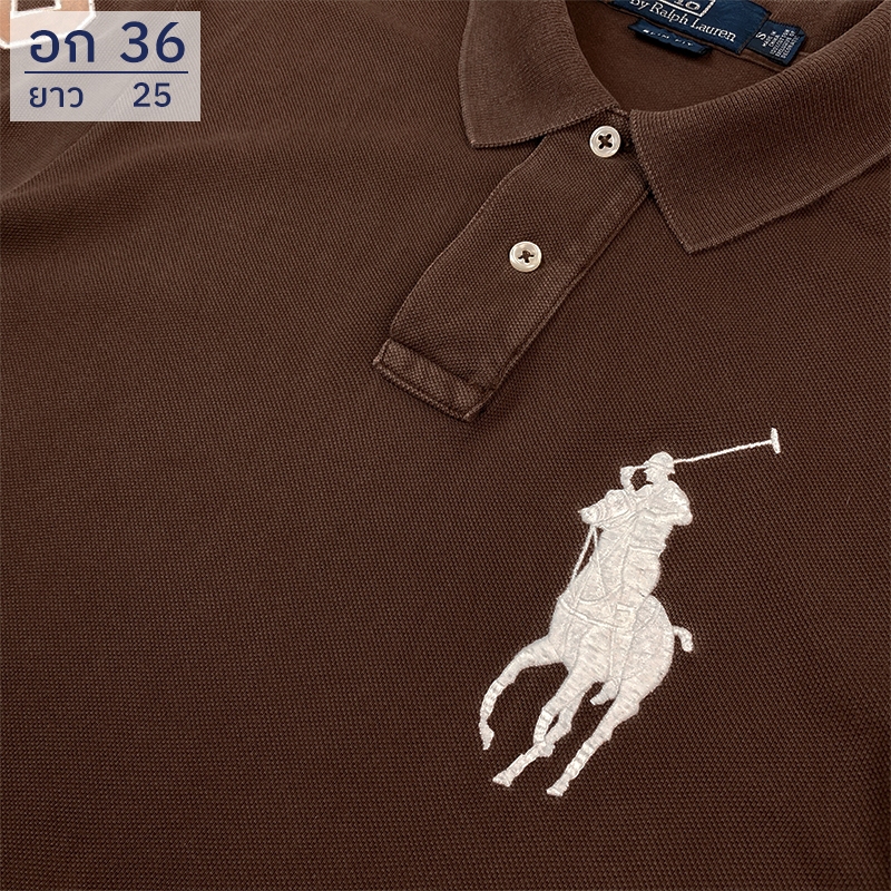 เสื้อโปโลคอปกมือสองแบรนด์ Polo Ralph Lauren อก36" สีน้ำตาล ปักม้าใหญ่ขาว แขนขวาปักเลข 3
