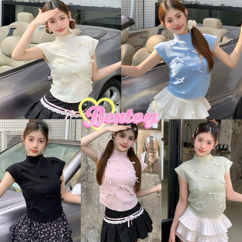 Bentoy(8008)เสื้อยืดไหมพรม แขนกุด คอเต่า ดีเทลติดโบว์หน้าอก หลายสีให้เลือก น่ารักมาก