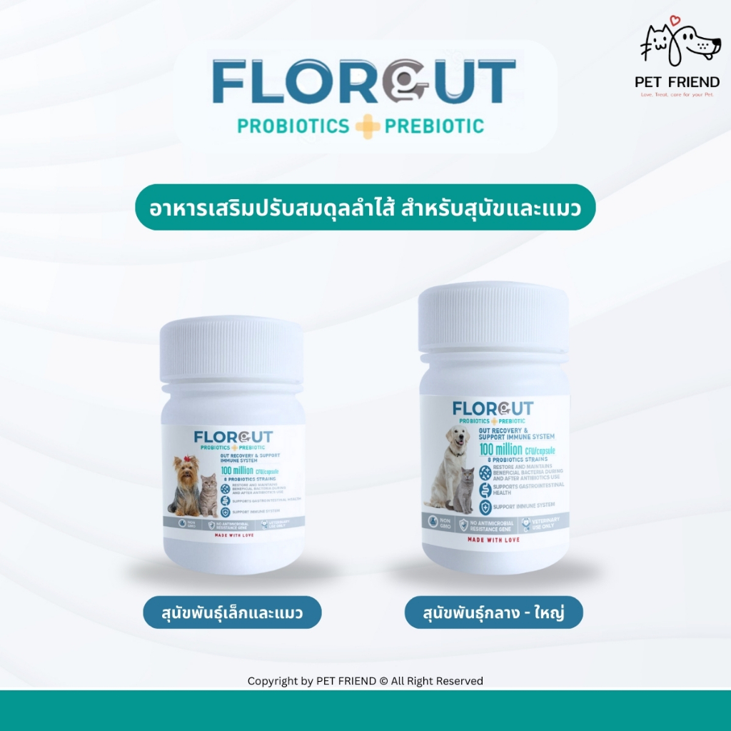 Florgut อาหารเสริมโพรไบโอติกส์และพรีไบโอติก ช่วยส่งเสริมระบบทางเดินอาหาร สำหรับสุนัขและแมว