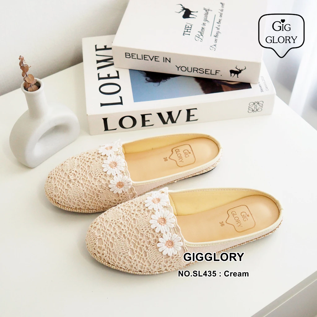🌷 รองเท้าเปิดส้นลูกไม้ แต่งดอกเดซี่ (NO.SL435)