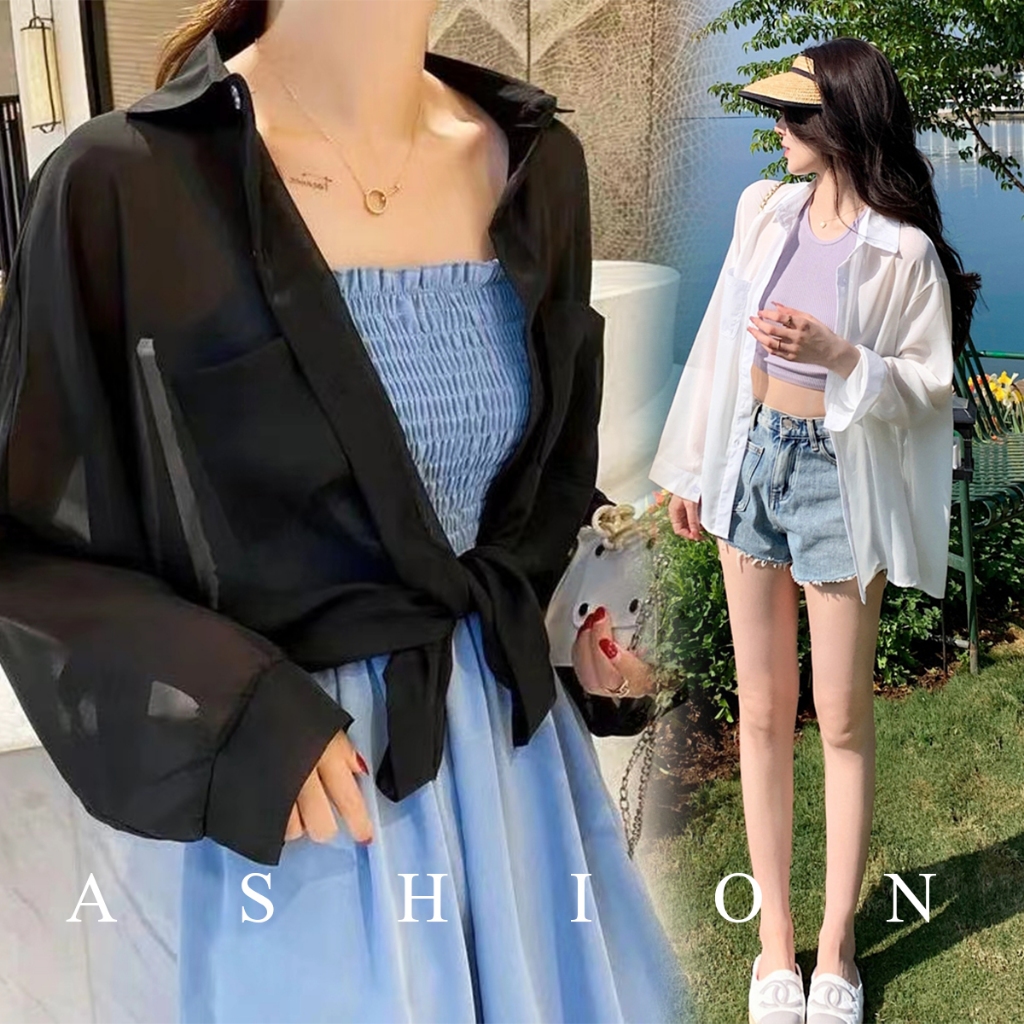 Chili_k❤️k❤️  *สินค้ามีพร้อมส่ง* เสื้อเชิ้ตชีฟอง เสื้อป้องกันแสงแดด แขนยาว ตัวใหญ่ มีกระเป๋า 2 ข้าง