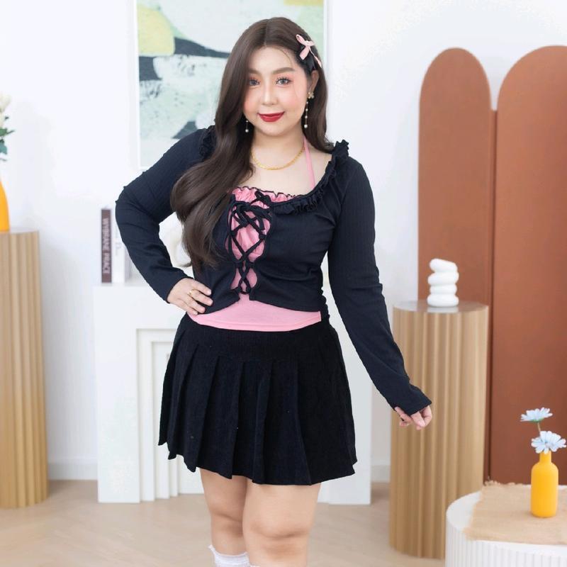 เสื้อครอปสาวอวบ Plus Size รุ่นยอดฮิต Layering  รอบอก 38-46 นิ้ว  พร้อมส่ง (ดีไซน์ 2 ชิ้น ติดกัน)