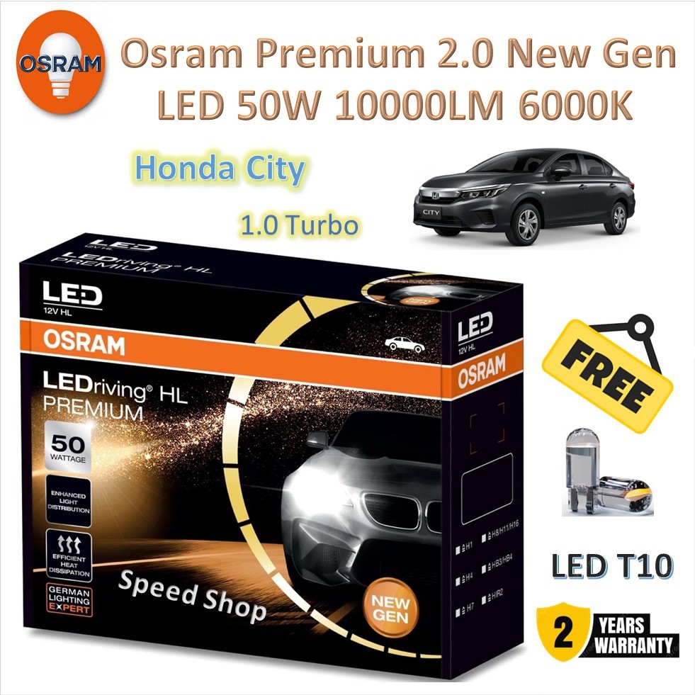 Osram หลอดไฟหน้า รถยนต์ Premium 2.0 New Gen LED 50W 10000lm 6000K Honda City 1.0 Turbo แถมฟรี LED T10 รับประกัน 2 ปี