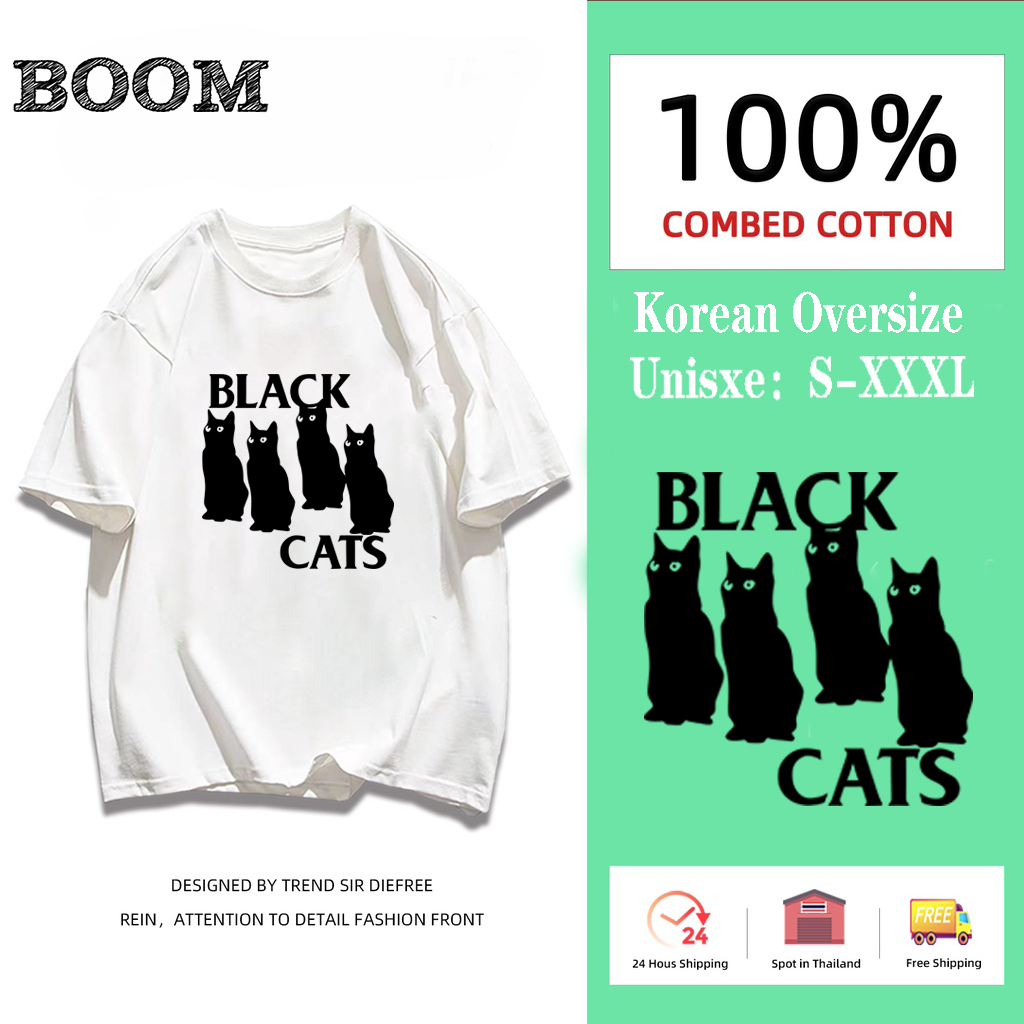 BOOM SHOP [ จัดส่งตลอด 24 ชั่วโมง ] เสื้อยืดแดง oversize ผ้าคอตตอน 100% แมวน่ารัก ใส่สบายๆ สไตล์เกาหลี