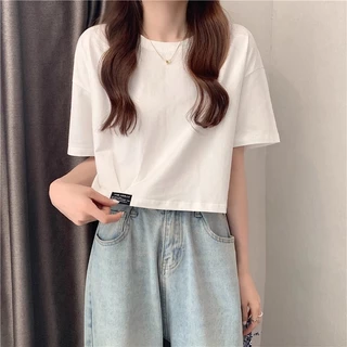 เสื้อคลอปน่ารักๆ สีพื้น oversize เสื้อผ้าสาวอวบมินิมอลสไตล์เกาหลี เสื้อยืดสวยๆผู้หญิงกําลังฮิต คนอ้วนไซส์ใหญ่ M-2XL