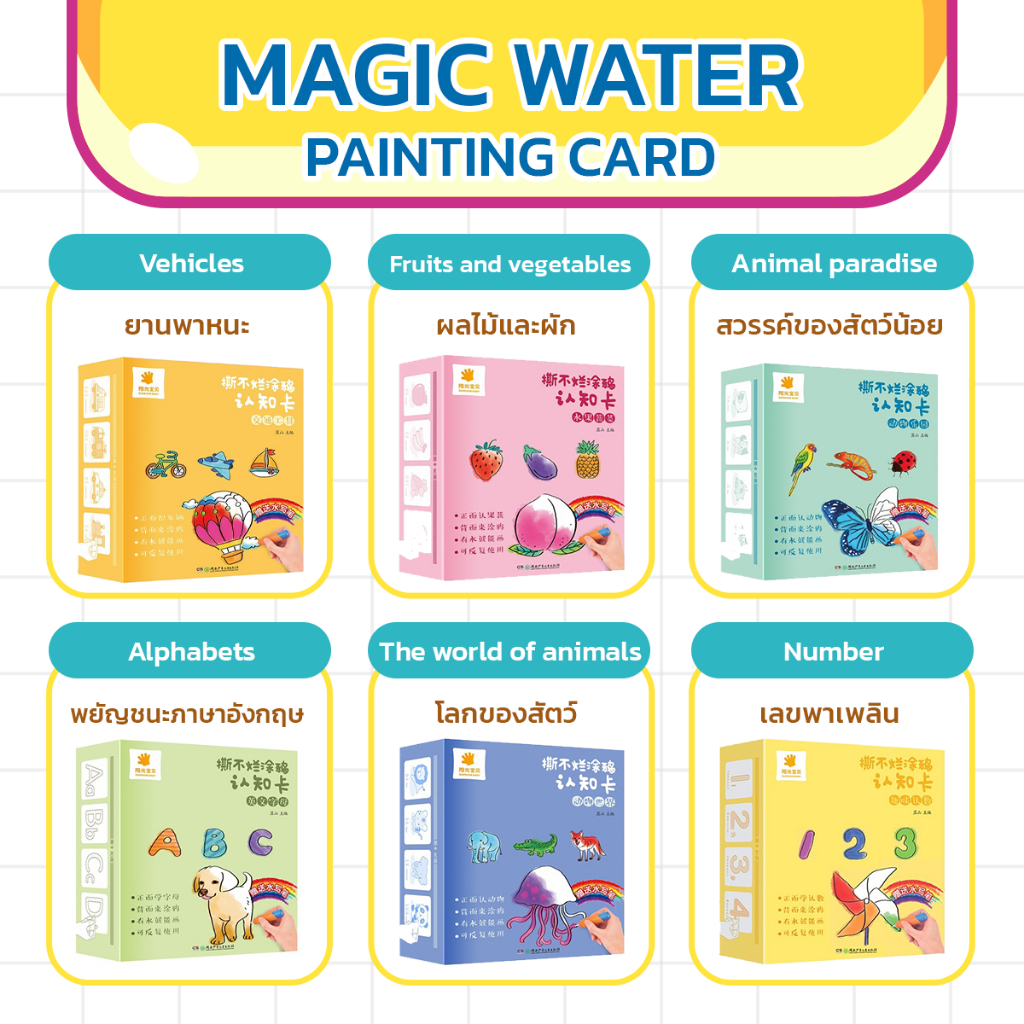 Magic Water Painting Cards Montessori ชุดการ์ดระบายน้ำเพื่อการเรียนรู้ การ์ดฝึกภาษา ของเล่นฝึกสมองสำหรับเด็ก
